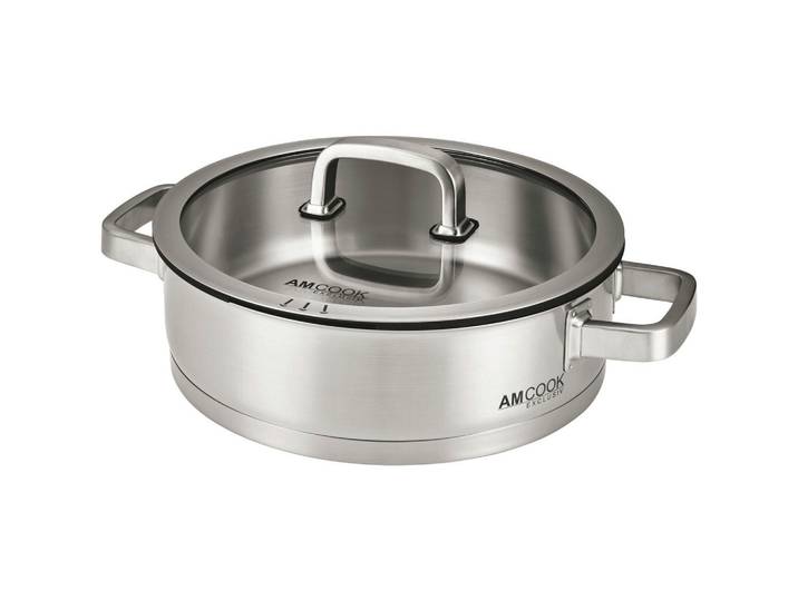 Am Cook Servierpfanne, Edelstahl, Metall, 4,8 L, 8 cm, mit Dampfablass,hitzebeständige Griffe, Kochen, Pfannen, Servierpfannen