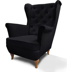 CHESTERFIELD-SESSEL Falco schwarz mit Holzbeinen