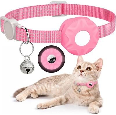 Uplift Treasures AirTag Compatible Reflective Cat Collar With Bell And Secure Holder pink