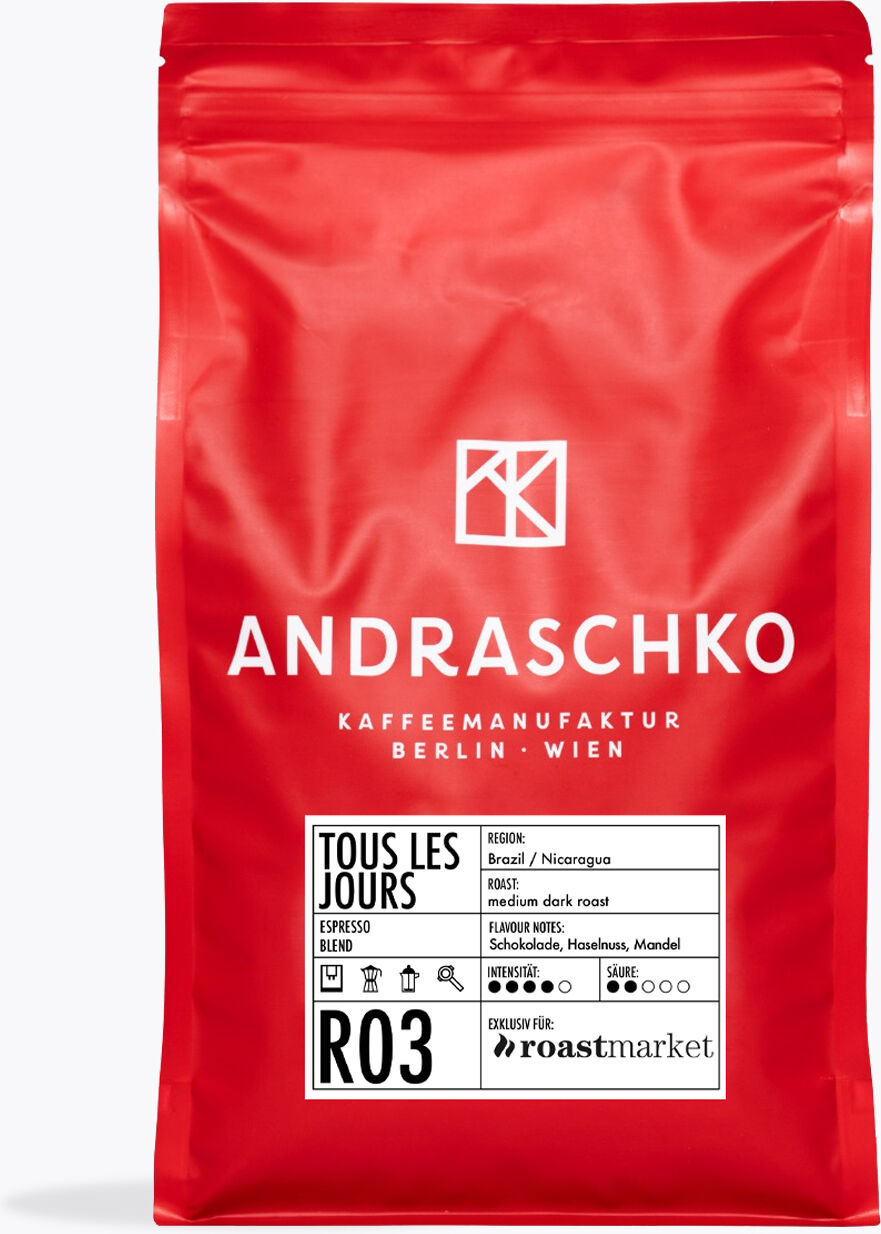 Andraschko Tous Les Jours Espresso 250 g   Ganze Bohne   100% Arabica aus Brasilien, Nicaragua   Aromatische High-End Röstung für jeden Tag genießen