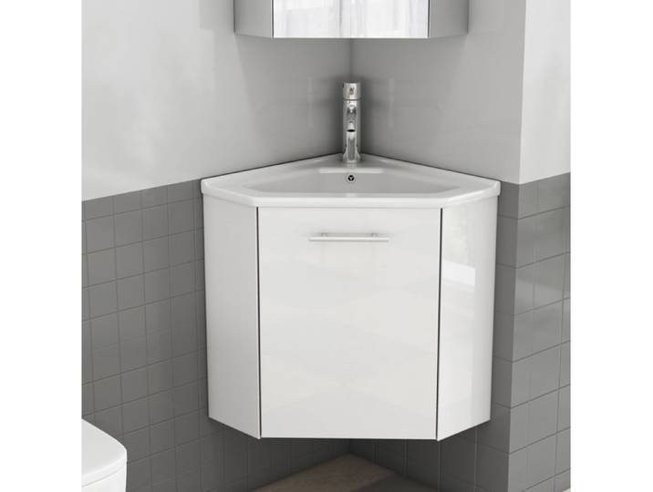 WOVREO Meuble sous vasque d'angle suspendu avec vasque en céramique 2 portes blanc brillant