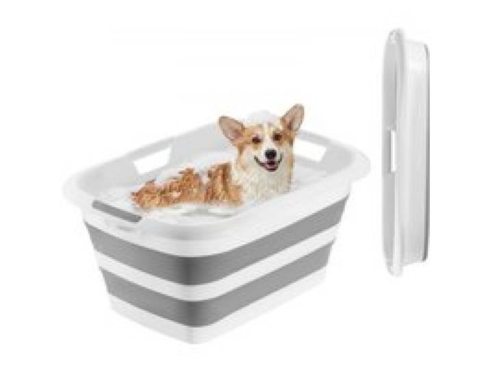 VEVOR Faltbare Hundebadewanne 34L, Tragbare Haustierbadewanne aus PP & TPR, Haustierwanne zum Baden Pflegen für Kleine Hunde Katzen bis 9kg, Multifunktionaler Wäschekorb Aufbewahrungskorb, Grau & Weiß