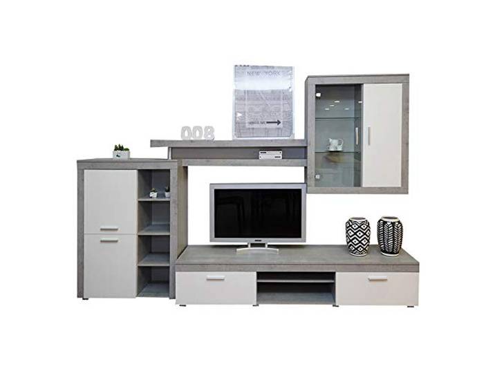 Dmora Wohnzimmerwandsystem, TV-Schrank, Regale und Vitrine, Komplettes modernes Wohnzimmer, Made in Italy, 293x50h144 cm, Weiß und Zementfarbe