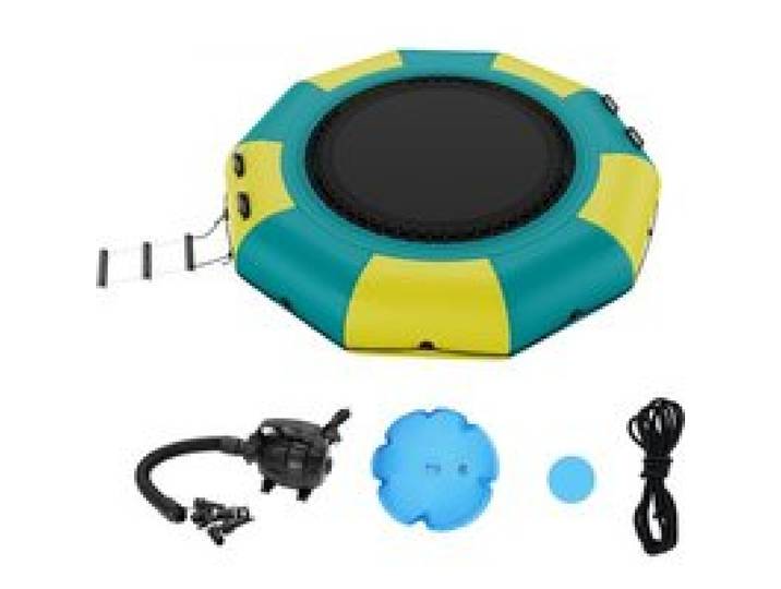 VEVOR Trampoline Aquatique Gonflable, Trampoline sur l’Eau 310x60 cm, Plate-forme de Natation Portable avec Échelle et Pompe à Air Électrique, Rebondisseur Flottant pour Enfants, Piscine, Jaune Vert
