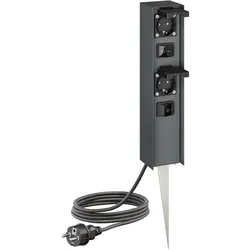 ledscom.de Garten Steckdosensäule POMI Erdspieß, Kabel, IP44, 2-fach, Edelstahl, anthrazit, mit Schalter, für Garten, Terrasse und Außenbereich geeignet