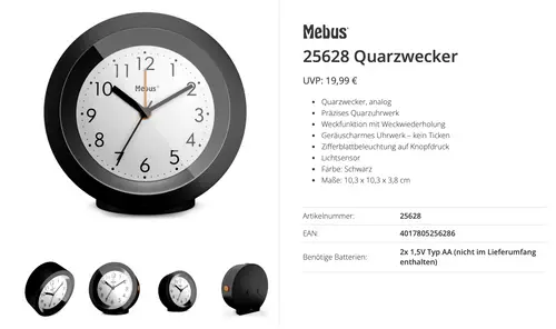Mebus 25628 Quarz Wecker Schwarz