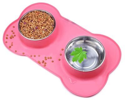 Youfap Market Double Dog Bowl Stainless Steel Pet Feeding Station With Non Slip Silicone Mat pink m