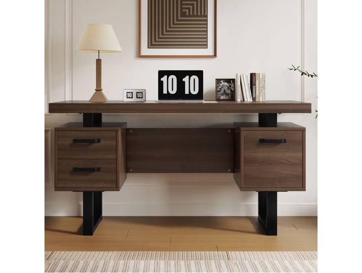 Bureau droit 135x54 cm marron foncé avec 2 tiroirs silencieux et rangement dossiers structure en métal noir