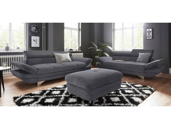 Polstergarnitur COTTA Enterprise 2,5 Sitzer + Hocker , grau (stone), B:214cm, Sitzmöbel-Sets, Set bestehend aus: 2-Sitzer mit Kopfteilverstellung & Hocker