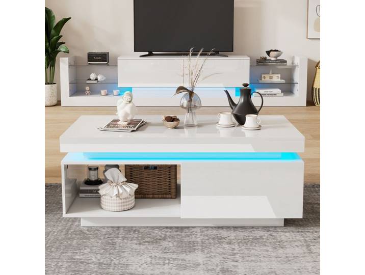 Ensemble meuble TV et table basse AESVAR blanc brillant avec LED USB Bluetooth meuble TV 181 cm