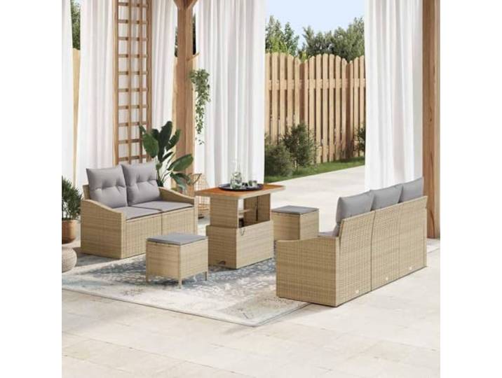 KTHLBRH Garten-Sofa-Set 8 STK 7-Sitzanzahl Beige Poly-Rattan mit Stauraum UV-beständiges Poly-Rattan, pulverbeschichteter Stahlrahmen, Armsofas und Hocker mit Stauraum, verstellbare Füße, für