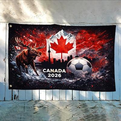 Kanada-Flagge 2026 – mit majestätischem Elch, ikonischem Ahornblatt und Fußball Stadtbild, beeindruckende Kunstwerke, hochwertige Stoffe