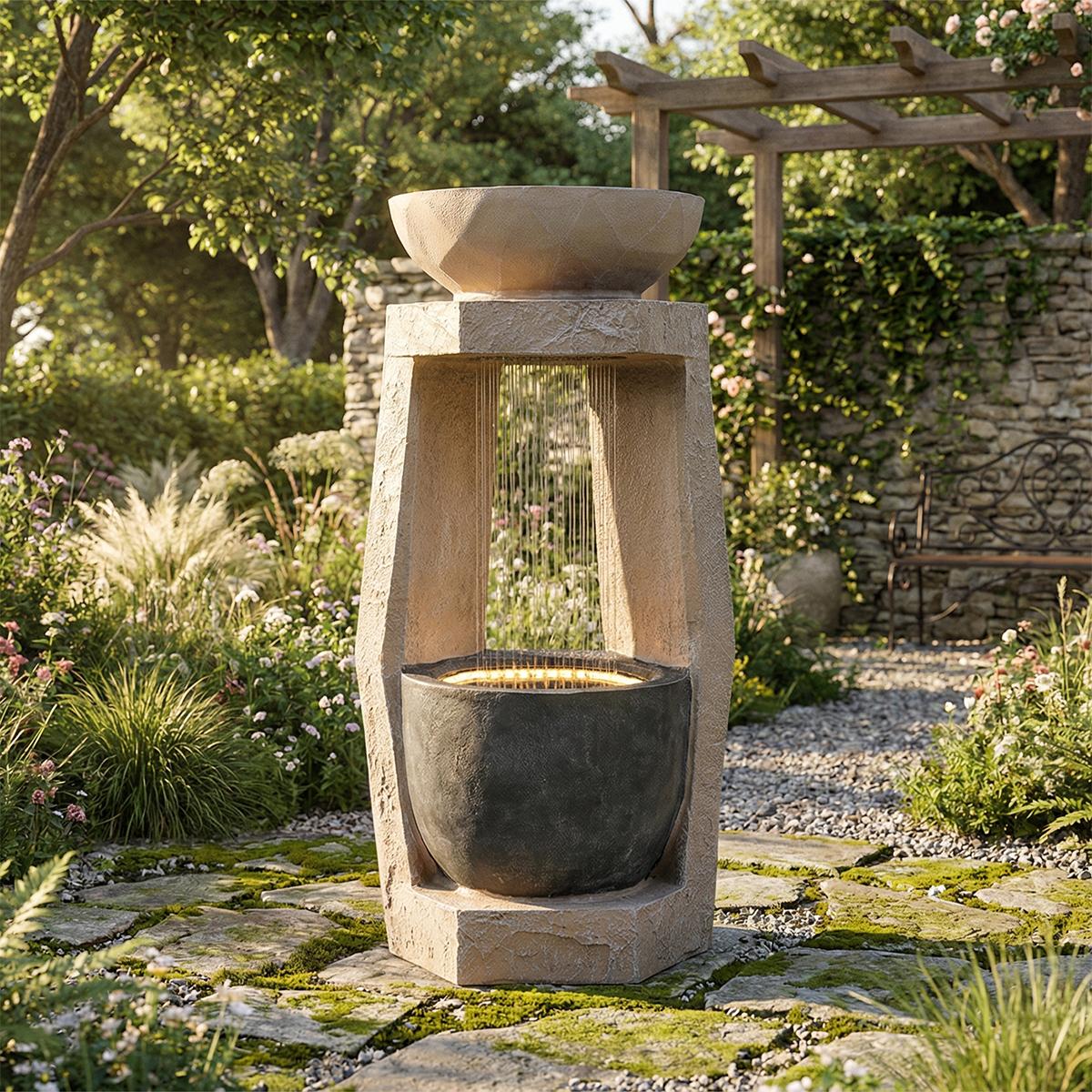 Gartenbrunnen mit LED-Beleuchtung und Wasserpumpe Kunststein-Außenverkleidung Zimmerbrunnen Springbrunnen Wasserspiel für Garten und Terrasse Beige
