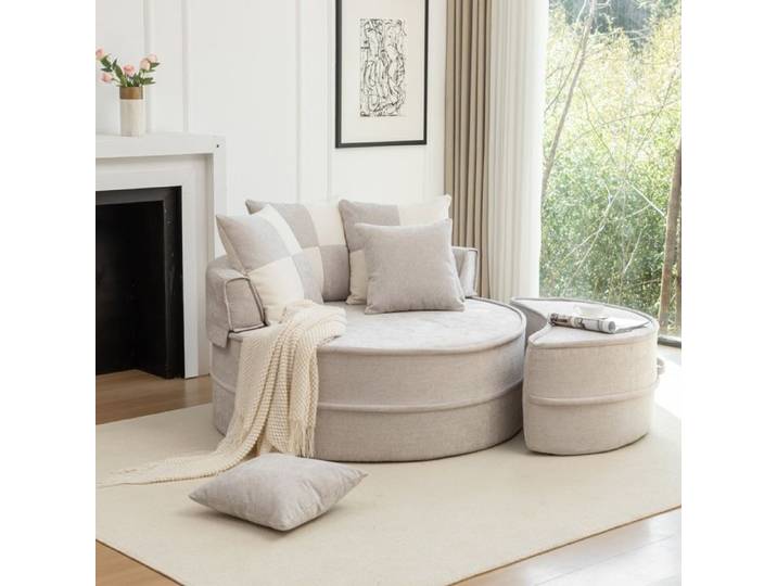 Fauteuil rond - ZEVKOR - 1 place - Chenille gris - Avec ottomane - 5 coussins - Sans montage