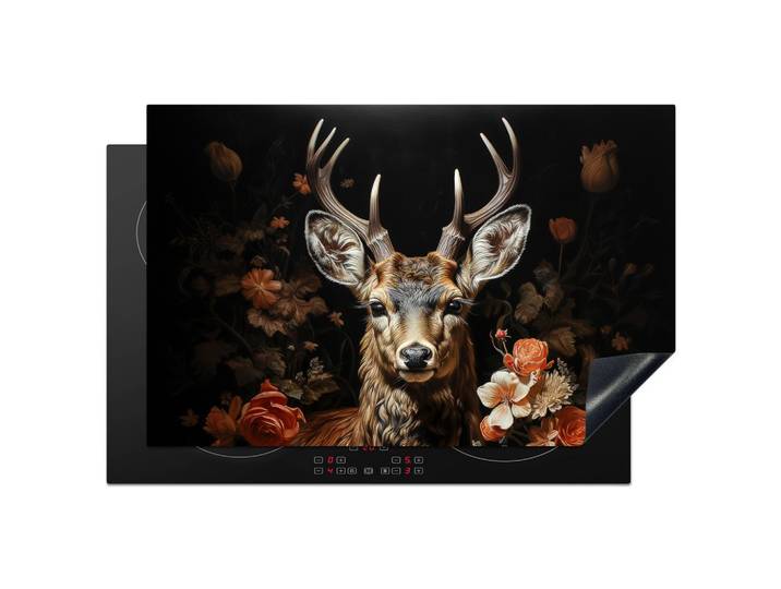 HERDABDECKPLATTE Hirsch - Tier - Blumen - Natur - Botanisch Induktionsschutz 80x52.2 cm