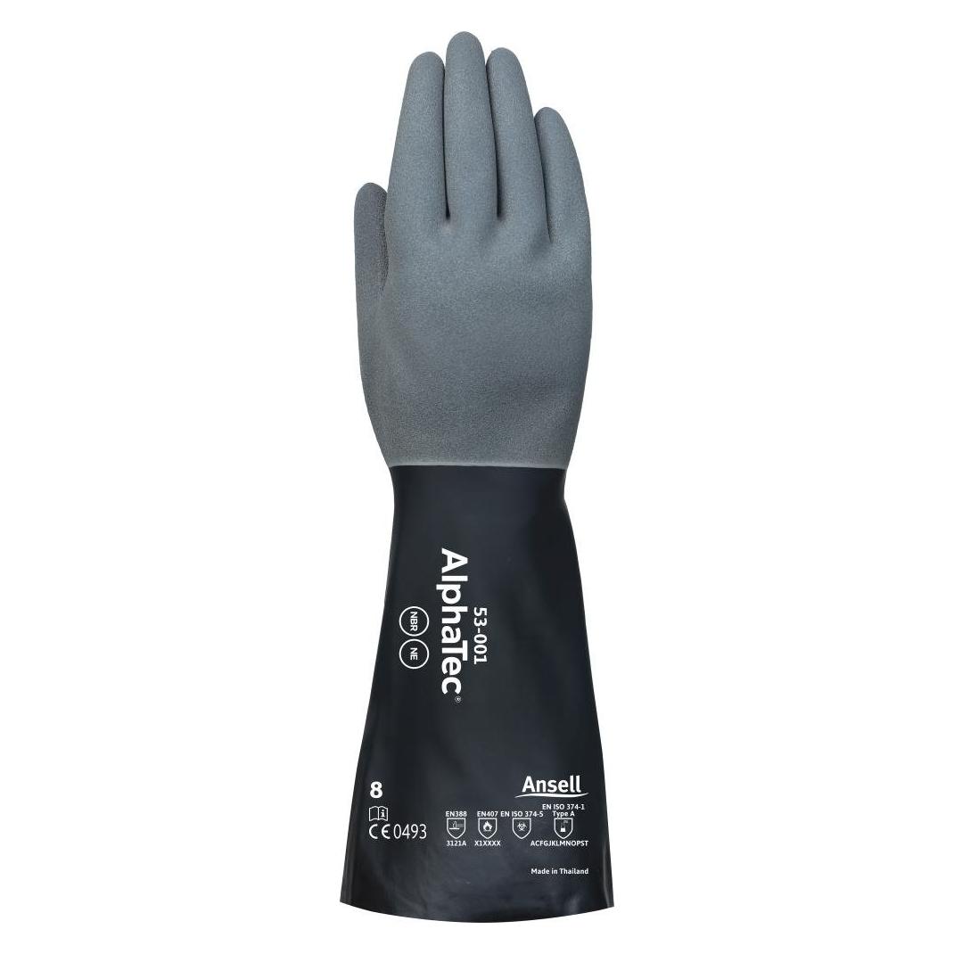 Ansell Chemiehandschuhe AlphaTec 53-001 Grösse 8 grau/schwarz EN 388, EN 374, EN 407 PSA-Kategorie III (8) (53-001-8)