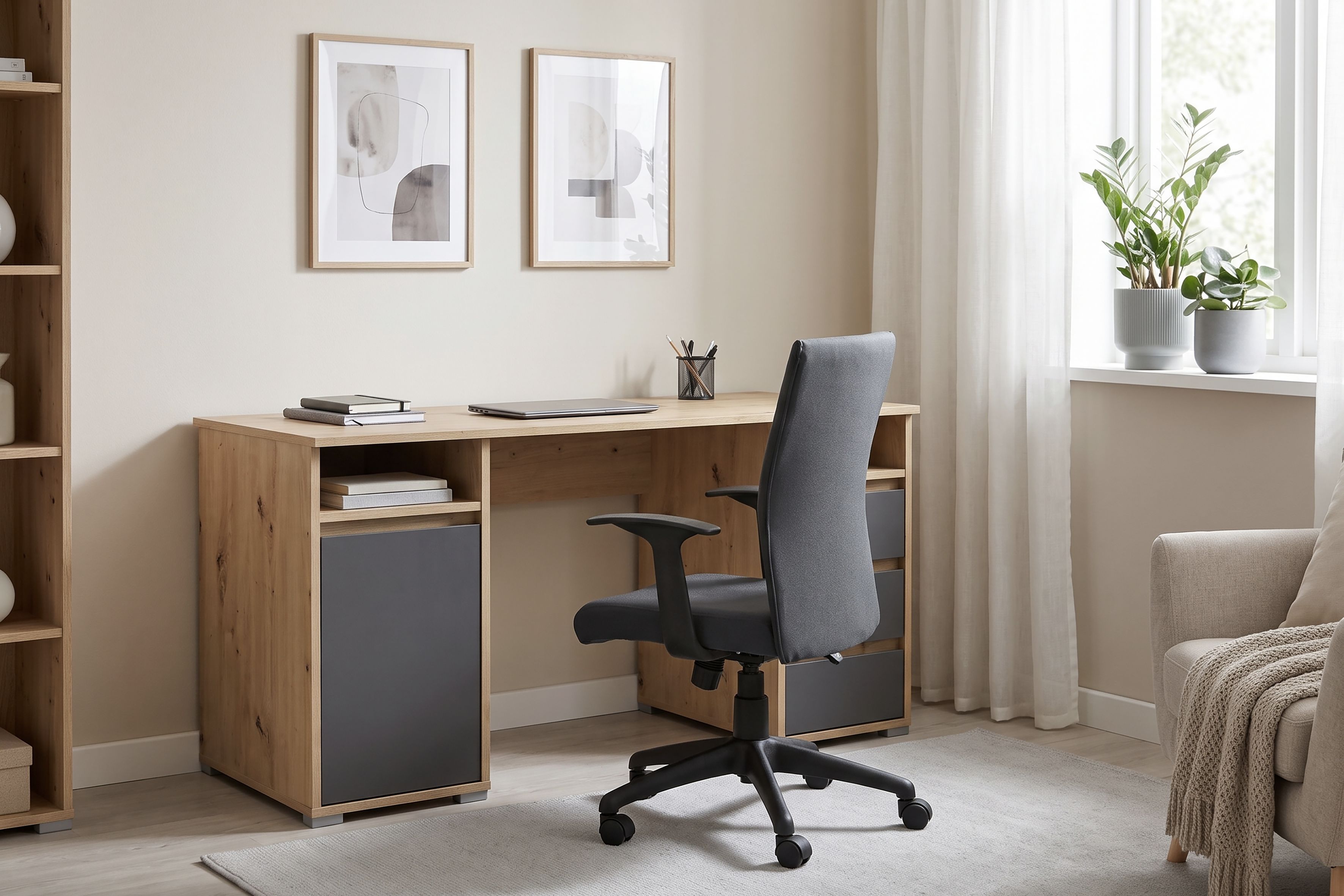 Schreibtisch GOODPRODUCT "Leeds", braun (artisan eiche, anthrazit, artisan eiche, artisan eiche), B:138cm H:75cm T:55cm, Tische, Schreibtisch, Breite 138 cm, Computertisch mit Schubladen, im modernen Design artisan eiche, anthrazit, artisan eiche, artisan
