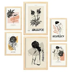 POSTER Set Mit 6 In Schwarzer Tinte Gefühle Kunstdrucke Im Skizzenstil Für Innenarchitektur A3 & A4 Rahmen Aus Hellem Holz
