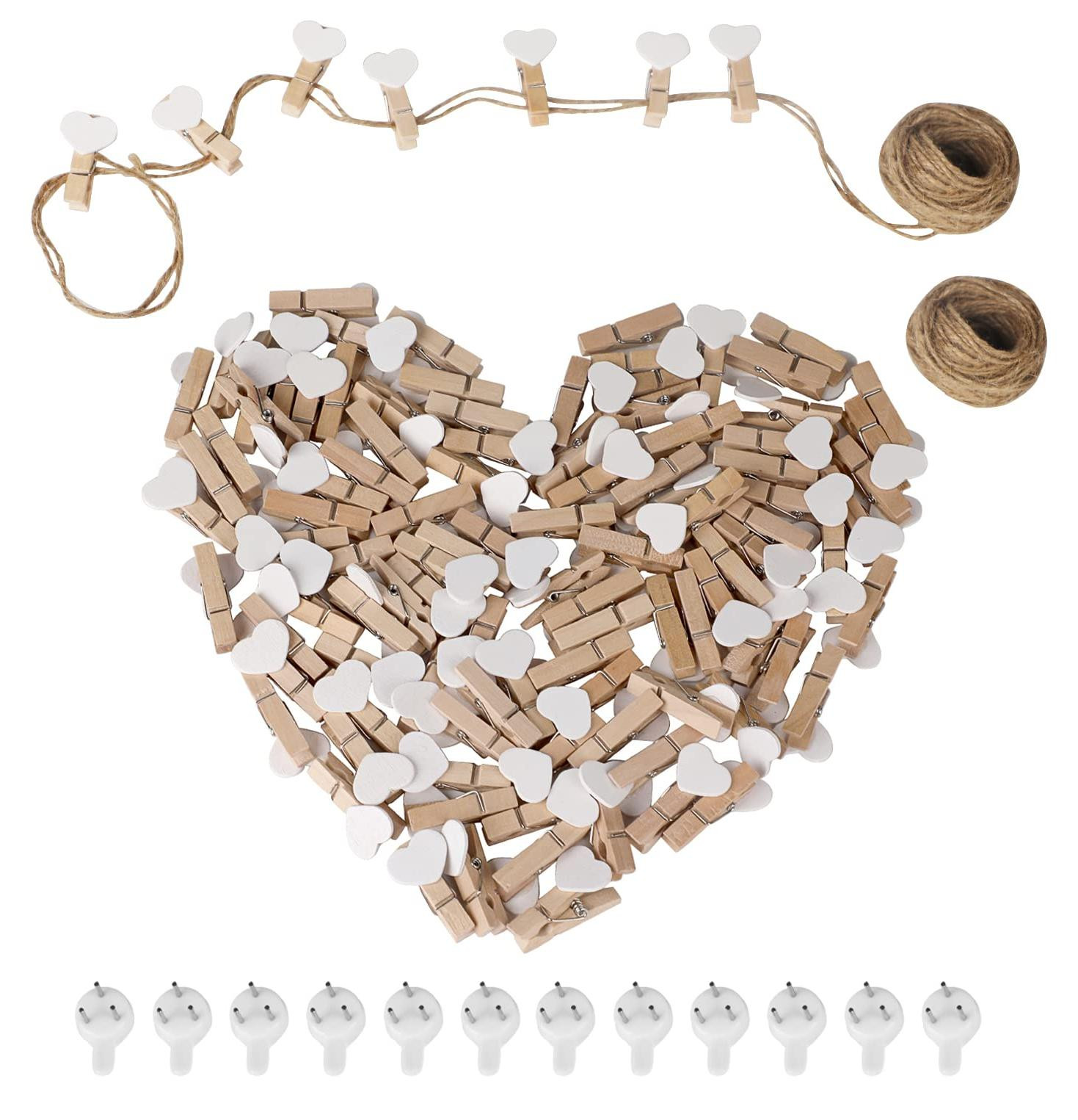 Solidchoice Set van 100 hartvormige houten wasknijpers met jutestring en spijkers voor Valentijnsdag