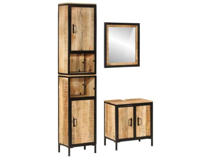 3-tlg. Badmöbel-Set aus Eisen und Massivholz Mango mit Spiegel und Schrank Eisen und Mangoholz, Metallgriff, Glas Spiegel, reichlich Stauraum, Unikat