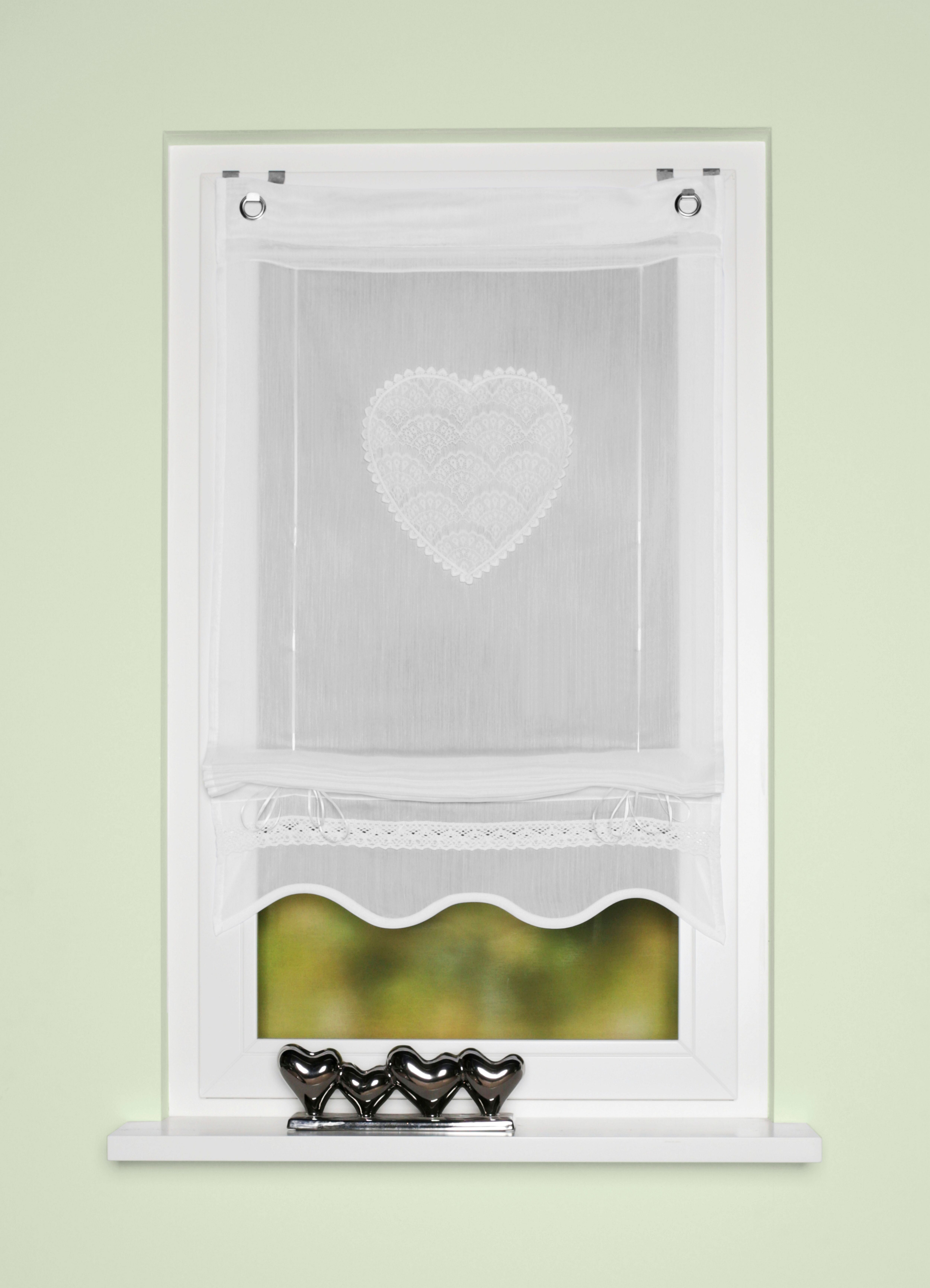 Bändchenrollo HOME WOHNIDEEN "CORAZON" Gr. 2, weiss (weiß), B:60cm H:130cm, Obermaterial: 100% Polyester, Raffrollos, Bändchenrollo, Bändchenrollo, bestickt weiß 130cm, Hakenaufhängung, 60cm