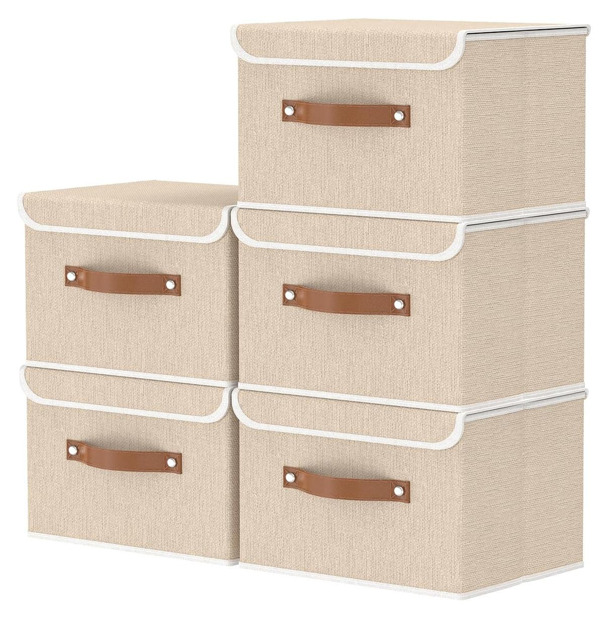 Dripio Set van 5 opbergboxen met deksel, beige, textiel, stapelbaar en inklapbaar