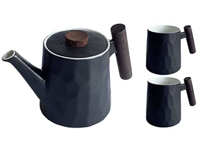 Dekomiro Set 3 Teil. Teeservice TeaLogic Teekanne Negra mit Holzgiff und 2 Becher Negra mit Holzgiff