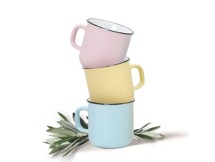 Tassen 36er Set Emaille Optik in gelb blau rosa - Retro Keramik Kaffeetassen in 300ml für Tee Kaffee Cappuccino - Süße Kaffeebecher spülmaschinenfest und mikrowellengeeignet als Geschenk