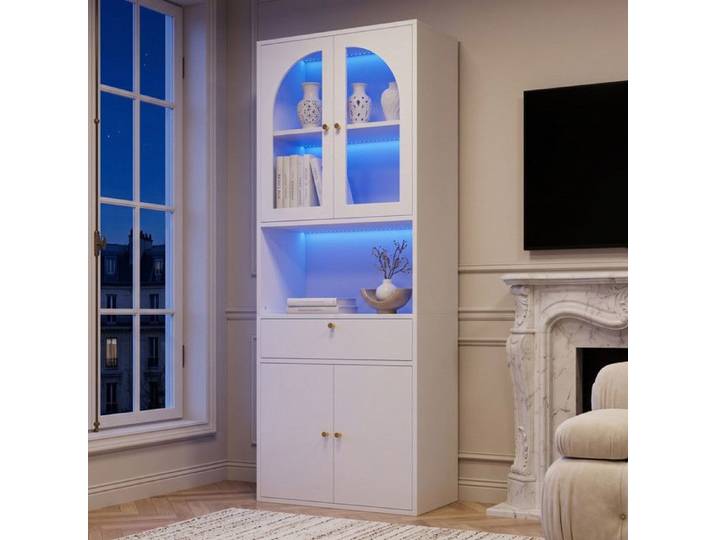 Vitrine en verre 70×35×180cm armoire haute multifonction bandes LED RGB multicolores réglables pilotable par app smartphone blanc