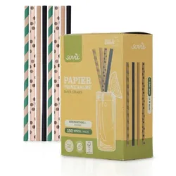 Sovie Trinkhalm in ECO Punkte Streifen farbig sortiert aus Papier, Ø 8 mm / 20 cm, 150 Stück in Pappkarton