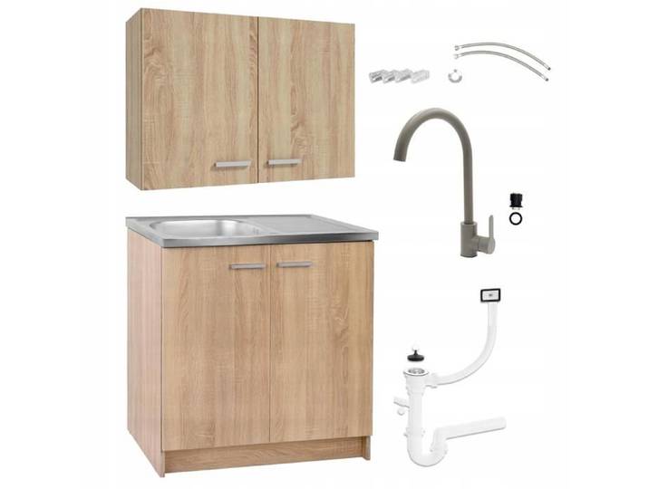 STAMAR Meuble sous Évier 80 cm Chêne Sonoma + Évier Inox + Robinet Pivotant Chromé + Siphon LV + Meuble Haut - 80x49x82 cm