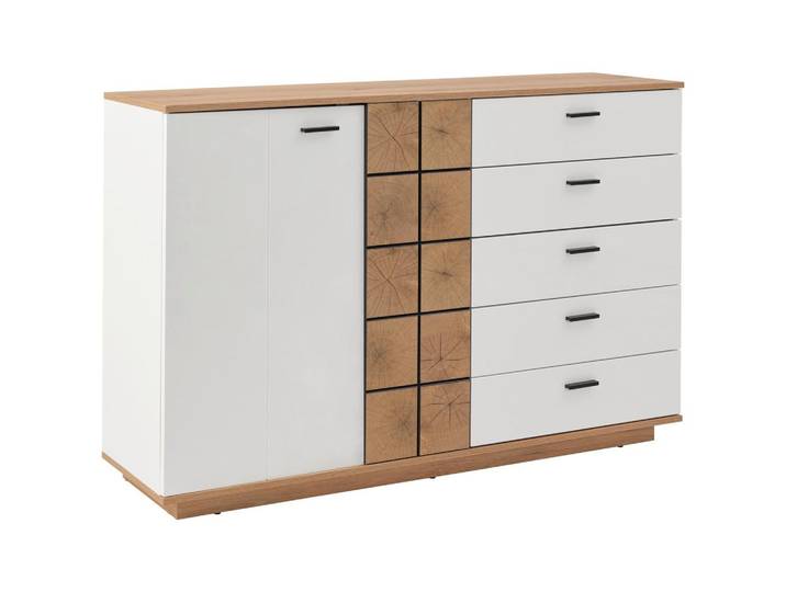 Kommode Oreta B: 136,1 cm Weiss Hochglanz/Eichefarben