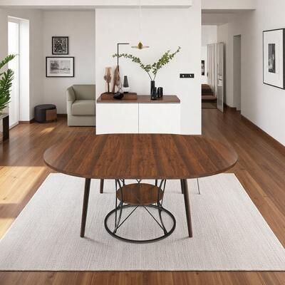 ZWYO HOSIMU 43.31 Inch MDF Round Dining Table, Extendable Design, Storage Shelf and Metal Base for 4-6 People
