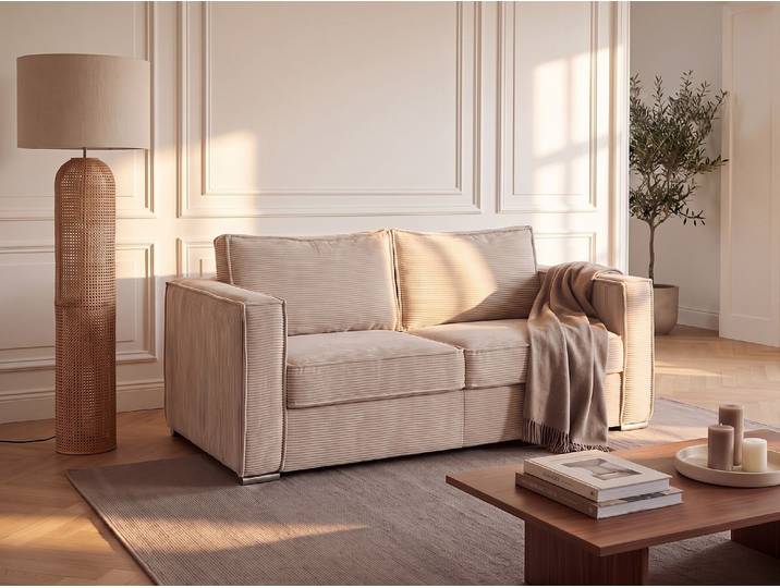 Schlafsofa für 3 Personen mit Express-Bettfunktion, Elektrisch, Cordstoff in Beige - Liegefläche 140 cm - Matratze 14 cm LORETO