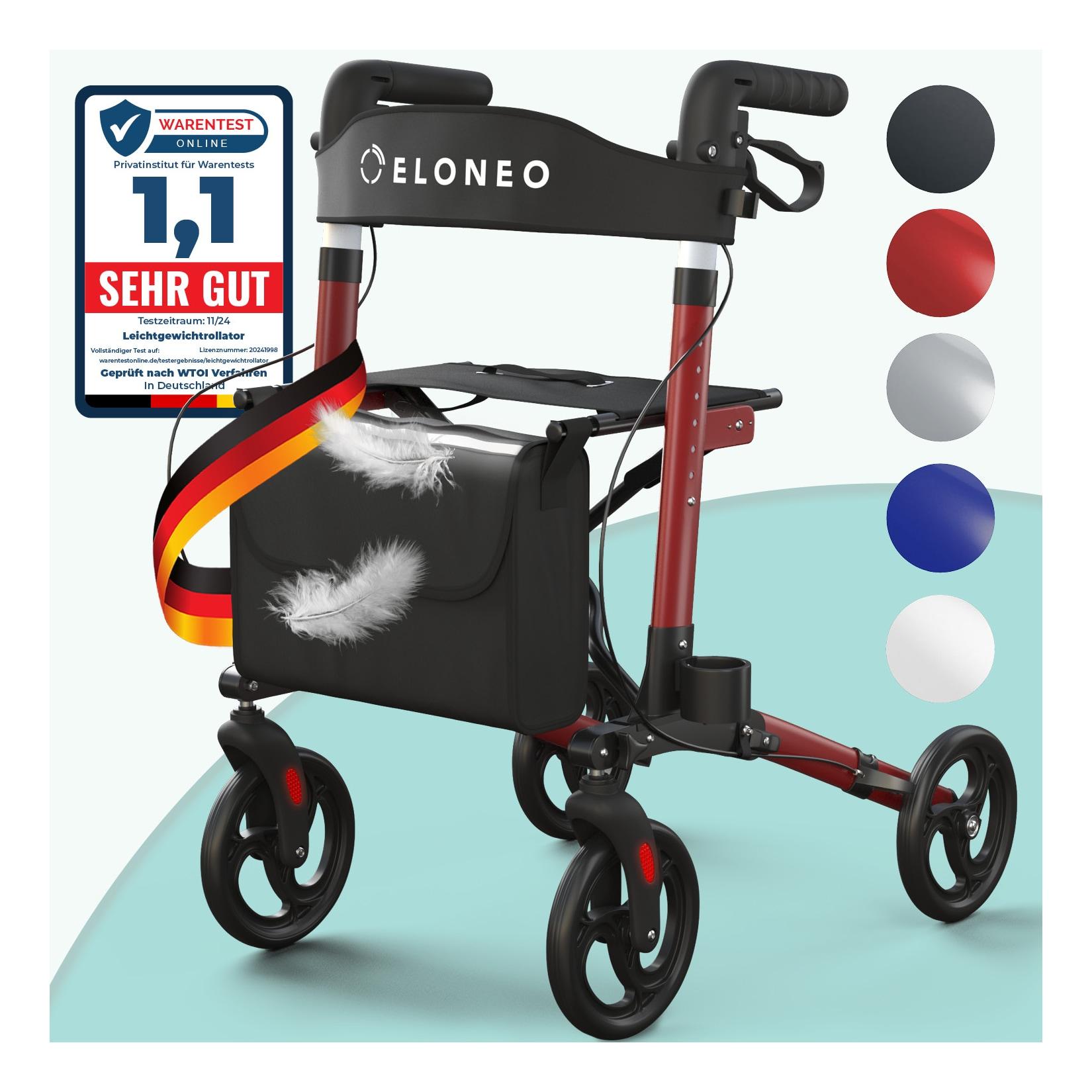 ELONEO Rollator faltbar und leicht mit Sitz, Leichtgewicht-Reiserollator aus Aluminium, Gehhilfe 8-fach höhenverstellbar, Laufhilfe 3-fach faltbar für Kofferraum, Tasche & Schirmhalter Rot