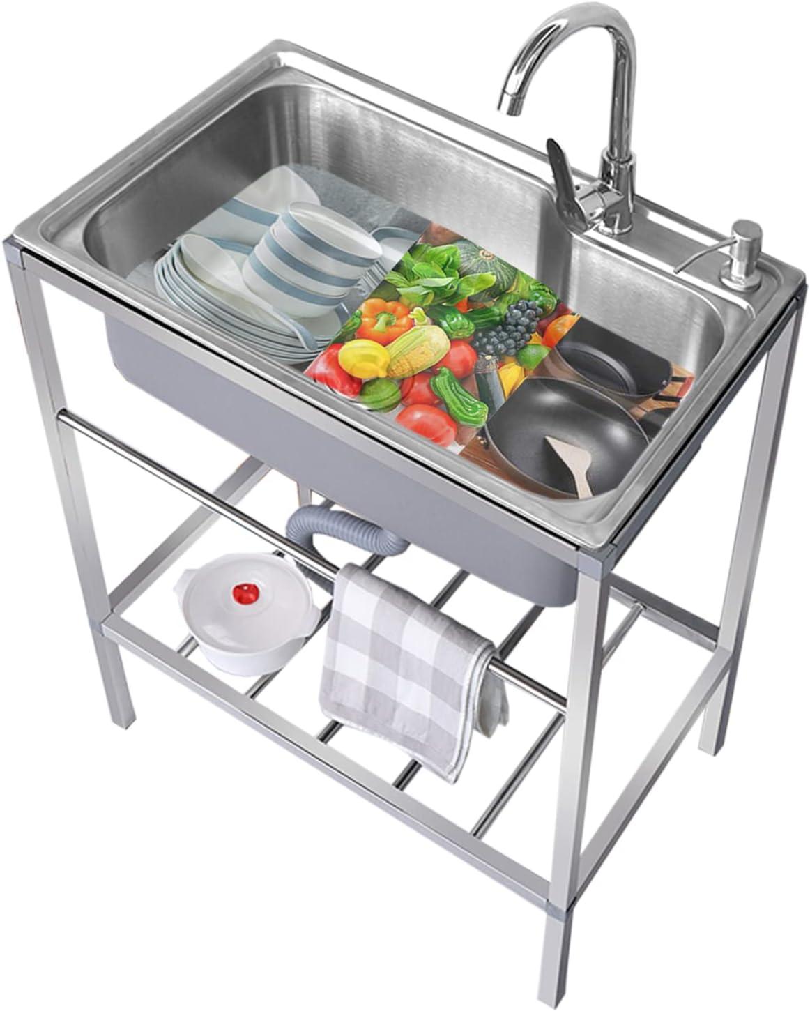 Edelstahl-Küchenspüle mit Ständer und Wasserhahn für heißes und kaltes Wasser, vielseitiges Handbecken für Garage, Waschküche und Außenbereich