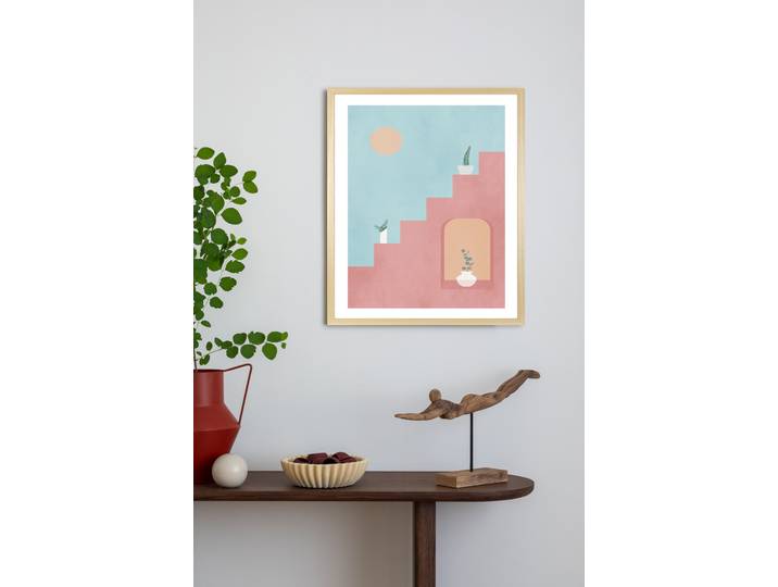 Bild mit Rahmen QUEENCE Treppenaufgang in Spanien , gold (farbe rahmen: braun), B:30cm H:40cm T:2,5cm, Holz, Papier, Plexiglas, Bilder, Bild mit Rahmen, Kunstdruck in Pastell mit einem Echtholzrahmen