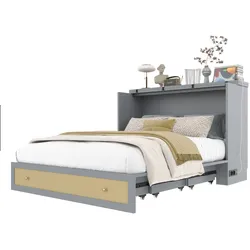 MODFU Schrankbett 140x200, USB, Steckdose, Lattenrost, umbaubar und platzsparend, Kiefernholz & MDF, Grau, mit Stauraum