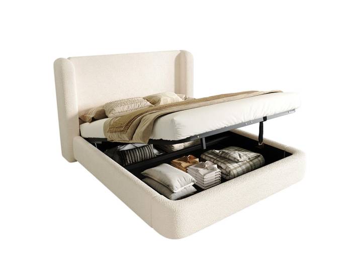 Evryae Polsterbett 180/200 mit Bettkasten, gepolstertem Kopfteil und hydraulischem Hebelsystem in Beige, 180x200 cm, Schlafzimmer, Betten, Polsterbetten