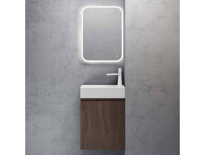 doporro Petit Meuble de Salle de Bain Suspendu 46cm Chêne Ensemble de 3 Pièces Meuble avec Lavabo et LED Miroir Pisa02