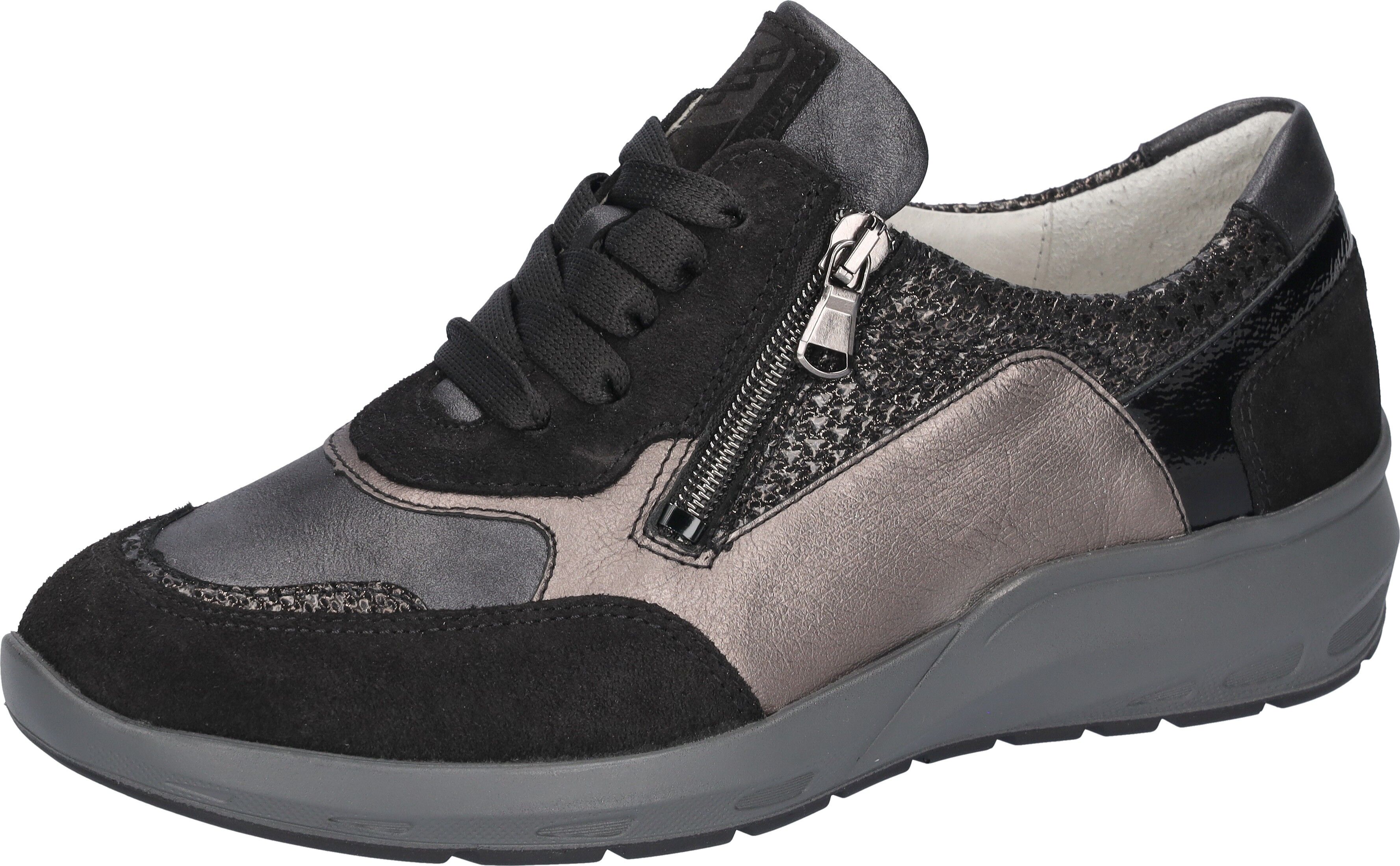 Schnürschuh WALDLÄUFER "M-TONIA", Damen, Gr. 5,5 (38,5), Leder Textil, schwarz (schwarz, grau, bronzefarben), Nappaleder, Nubukleder, Veloursleder, metallic, Schuhe Schnürschuh, Komfortschuh, Sneaker, Bequemschuh, Reissverschluss, M-Weite schwarz, grau, b