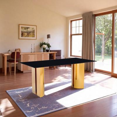 ZWYO HOSIMU "Modern Rectangular Dining Table, 70"" Kitchen Table with Tempered Glass Top & Gold Stainless Steel Legs"