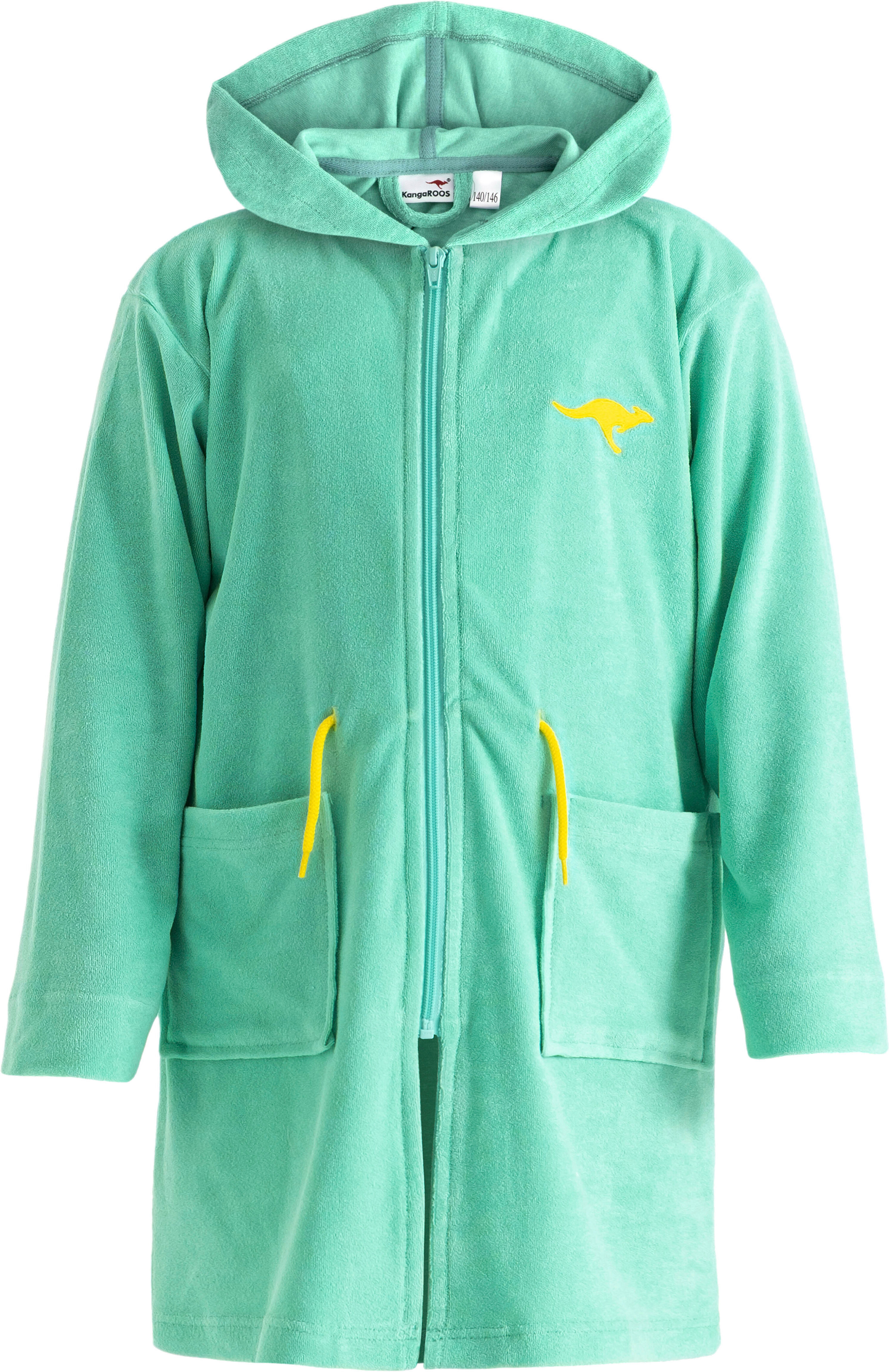 Kinderbademantel KANGAROOS "Kira, Ideal für Zuhause, Schwimmbad oder im Urlaub" Gr. 104, grün (seegrün), 104, Leichtfrottier, Hausmäntel, Kinderbademantel, modernen, sportliches Design, leuchtenden Akzenten seegrün 104