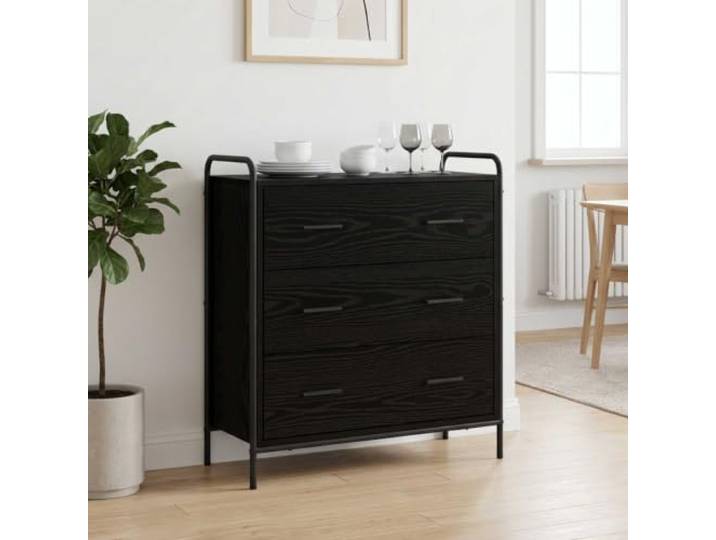 Foknhdi Sideboard Schwarz Eichen-Optik 73 x 33 x 81 cm Kommode Stabiler verzinkter Stahlrahmen und pflegeleichter Korpus fuer Ordnung im Esszimmer, Wohnzimmer oder Flur.