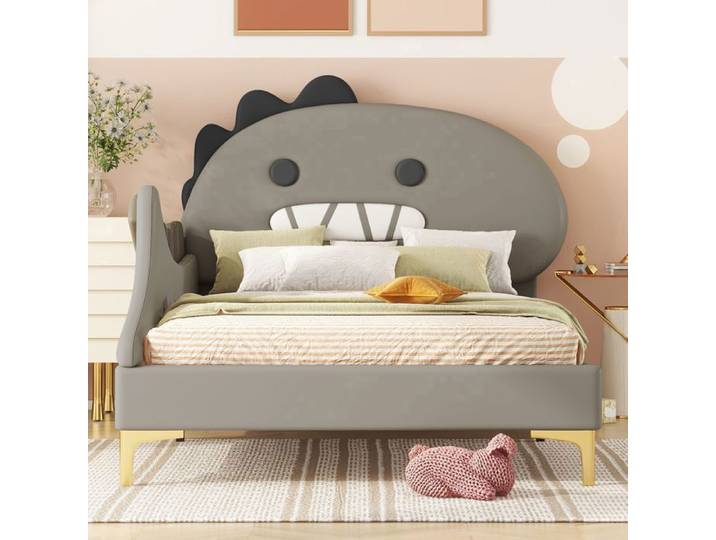 Lit Enfant Dinosaure 90x200cm - Lit Simple - Tête dinosaure PU - Sommier à lattes inclus - Gris
