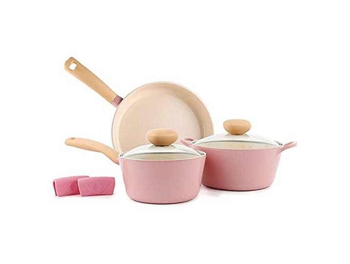 Neoflam Retro-Kochgeschirr-Set, Keramik, antihaftbeschichtet, PFOA-freie Töpfe und Pfannen mit integriertem Dampfschlitz-Deckel, verhindert Überkochen und hitzebeständige Silikongriffe für sicheres Kochen in der Küche, Rosa