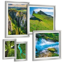 BILDER SET 5er Set - 50x50 cm & 20x30 cm & 40x60 cm Silberner Rahmen - Wasserfälle grüner Wald Wasser