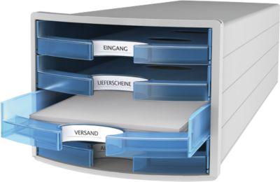 Schubladenbox HAN Impuls 2.0, 4 Schubladen, Format A4, stapelbar, offen, grau/transparent-blau