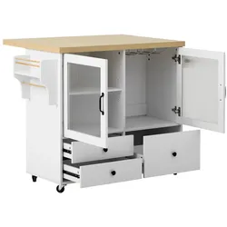OKWISH Kücheninsel auf Rollen 100x70x92 cm ausziehbarer Tisch Stauraum Schubladen Weinglashalter MDF Weiß+Natur skandinavisches Design