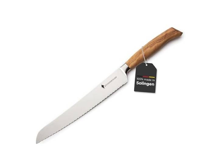 KÜCHENSCHARF Profi Brotmesser 20 cm mit Olivenholzgriff - Ergonomisches Kochmesser aus 100% Edelstahl für Profi- und Hobbyköche - ideal für Fleisch, Obst & Gemüse - Geschenkset